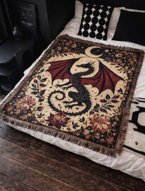 Gothic Dragon Woven Blanket - Dark Fantasy Throw For Bedroom Decor - image 1