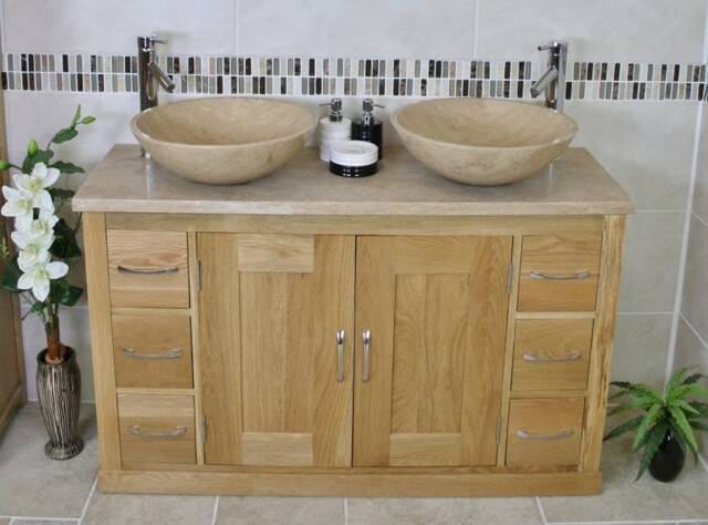 Solid Oak Bathroom Single Vanity Unit 123cm Wide With Travertine Top & Basin Set 02Btt25Tx2 - image 1