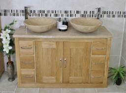 Solid Oak Bathroom Single Vanity Unit 123cm Wide With Travertine Top & Basin Set 02Btt25Tx2 - thumbnail 1