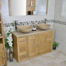Solid Oak Bathroom Single Vanity Unit 123cm Wide With Travertine Top & Basin Set 02Btt25Tx2 - thumbnail 3