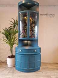 Tall Mid Century Modern Nathan Corner Drinks Cabinet - Teal Cocktail Bar Unit, Botanical Lining, Lighting