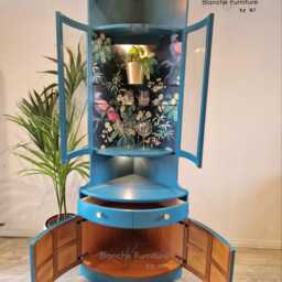 Tall Mid Century Modern Nathan Corner Drinks Cabinet - Teal Cocktail Bar Unit, Botanical Lining, Lighting - thumbnail 2