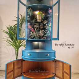 Tall Mid Century Modern Nathan Corner Drinks Cabinet - Teal Cocktail Bar Unit, Botanical Lining, Lighting - thumbnail 3