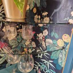 Tall Mid Century Modern Nathan Corner Drinks Cabinet - Teal Cocktail Bar Unit, Botanical Lining, Lighting - thumbnail 4