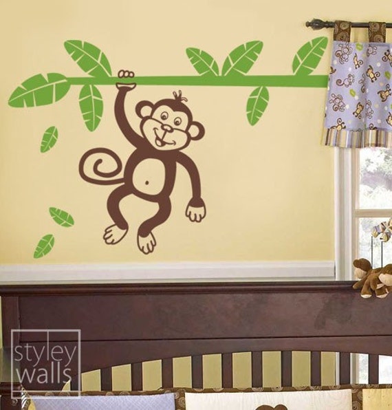 Monkey Wall Decal, Sticker, Jungle Holding Branch With Leaves Vinyl Decal For Kids Room - image 1