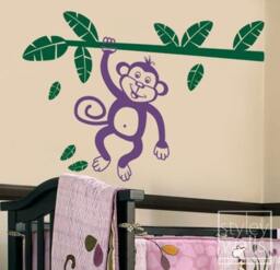 Monkey Wall Decal, Sticker, Jungle Holding Branch With Leaves Vinyl Decal For Kids Room - thumbnail 2