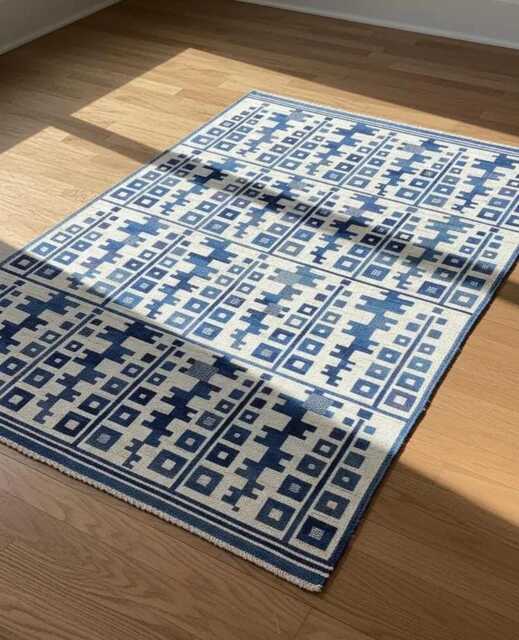 Handmade Scandinavian Kilim Rug, Blue & Ivory Swedish Marianne Ritcher Inspired Home Decor - image 1