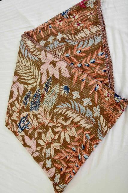 Floral & Plant Print New Indian Beautiful Handmade Kantha Bedspread Throw Coverlet Size 108x90