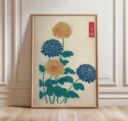 Japanese Floral Art Print, Modern Botanical Poster, Yellow & Blue Chrysanthemum Wall Art, Minimalist Asian Design, Zen Decor - thumbnail 1