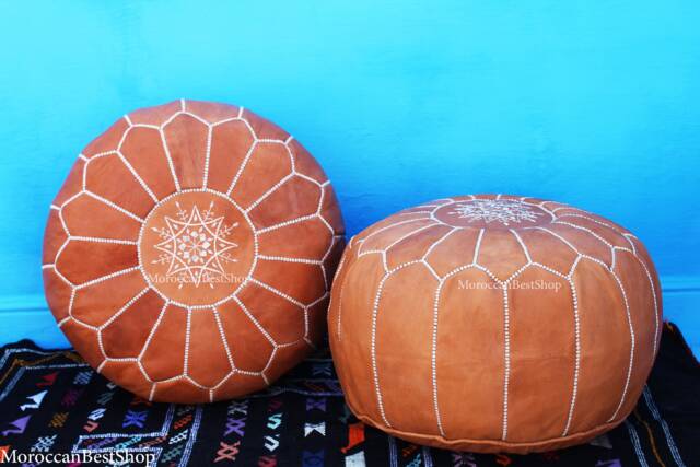 Set Of 2 Handmade Natural Leather Moroccan Poufs Floor Ottoman - image 1