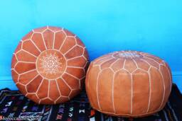 Set Of 2 Handmade Natural Leather Moroccan Poufs Floor Ottoman - thumbnail 1