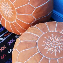 Set Of 2 Handmade Natural Leather Moroccan Poufs Floor Ottoman - thumbnail 4