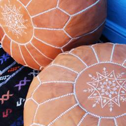 Set Of 2 Handmade Natural Leather Moroccan Poufs Floor Ottoman - thumbnail 2