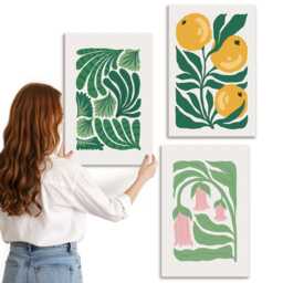 Canvas Set Of 3 - Minimalist Plant Patterns With Fruits & Leaves, Green Large Wall Art, Plants Flowers Hanging Piece - thumbnail 1