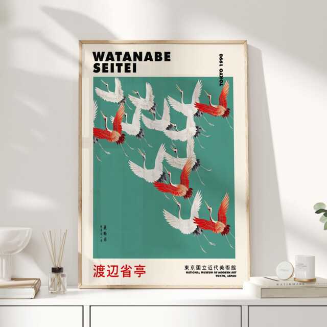 Watanabe Seitei, Flock Of Cranes, Japanese Wall Art, Poster, Japandi, Print, Teal Art - image 1