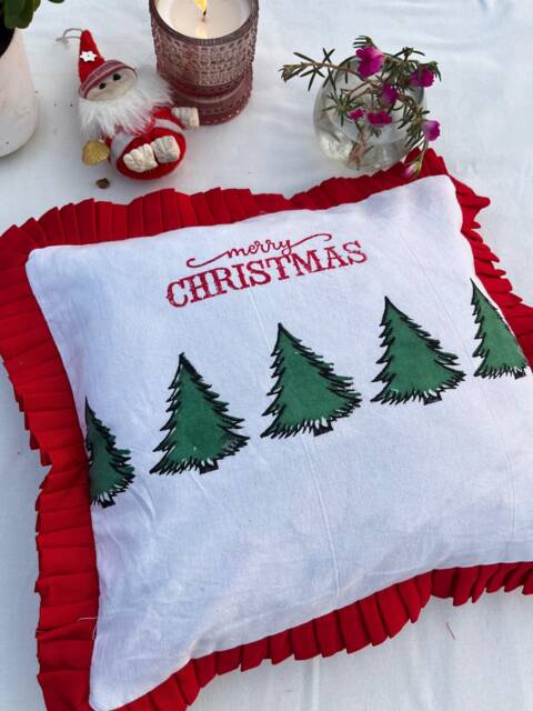 Handmade Christmas Pillow Cover Rustic Farmhouse Decor With Red Ruffle - image 1