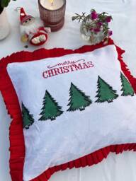 Handmade Christmas Pillow Cover Rustic Farmhouse Decor With Red Ruffle