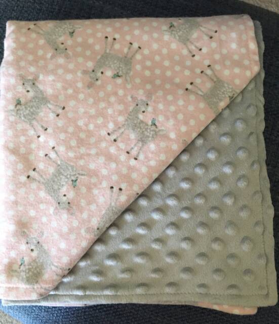 Handmade Fawn Flannel Baby Blanket Pink Deer & Grey Minky, Reversible - image 1