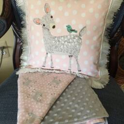 Handmade Fawn Flannel Baby Blanket Pink Deer & Grey Minky, Reversible - thumbnail 2