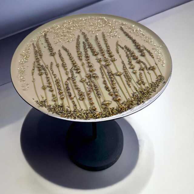 Epoxy Resin Coffee Table - Lavender & Silver Stones Handmade 33 X 43 cm Flower Unique Round Iron Frame Modern Natural Decoration - image 1