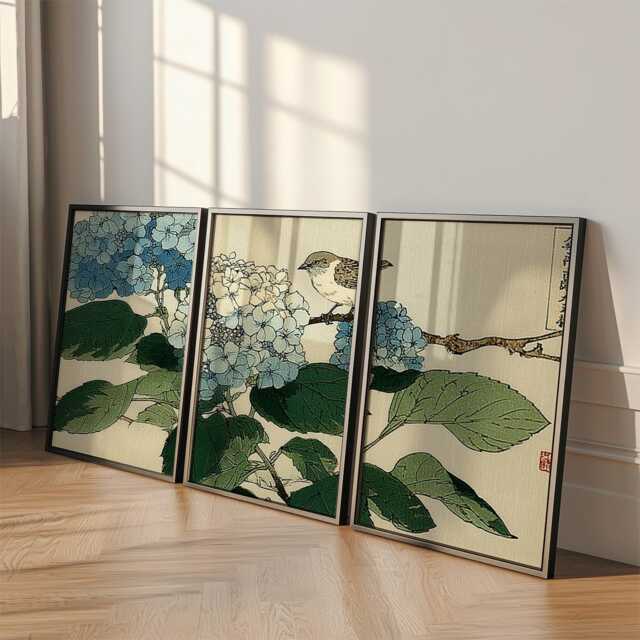 Hydrangea Bird Poster Set Of 3 Japanese Woodblock Style Wall Art - image 1