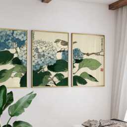 Hydrangea Bird Poster Set Of 3 Japanese Woodblock Style Wall Art - thumbnail 2