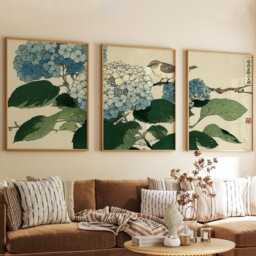 Hydrangea Bird Poster Set Of 3 Japanese Woodblock Style Wall Art - thumbnail 3