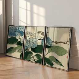 Hydrangea Bird Poster Set Of 3 Japanese Woodblock Style Wall Art - thumbnail 1