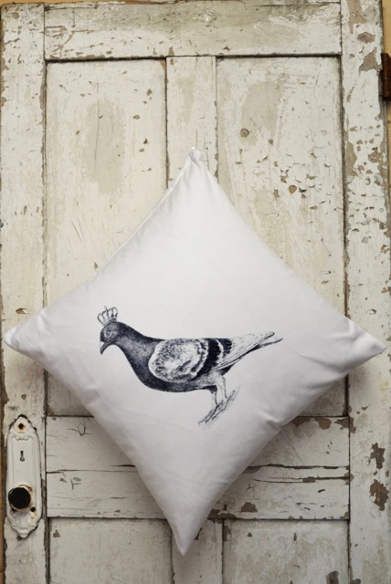Square Cushion Cover - Natural Or White 100% Cotton With Pigeon Print in Black Navy Blue