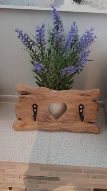 Solid Oak Wooden Key Holder .rustic With Heart Cut Out - image 1