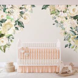 Sample Wedding Garden Watercolor White & Ivory Roses Peonies Corners Wall Mural Flowers Blossoms Decals - thumbnail 3