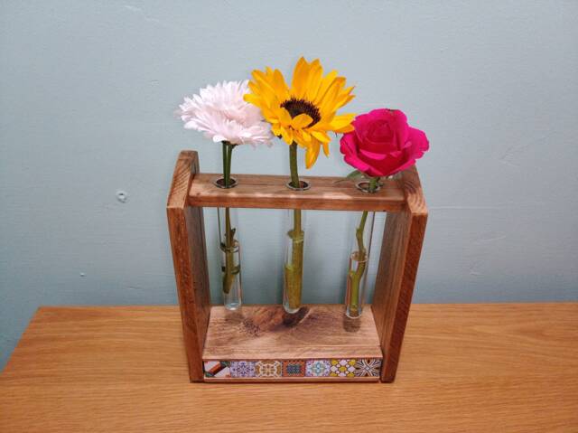 Custom Striking 3-Tube Flower Holder Made From Reclaimed Wood - You Choose Colour - image 1