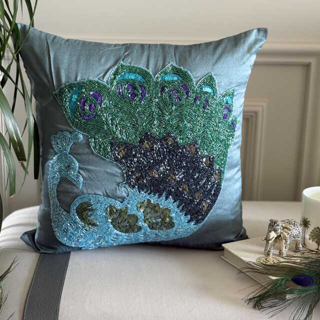 Art Silk Blue Beaded Birds Pattern 24x24/26x26 Traditional Peacock Euro Sham - Dancing - image 1