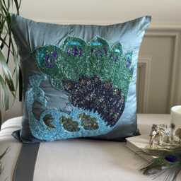 Art Silk Blue Beaded Birds Pattern 24x24/26x26 Traditional Peacock Euro Sham - Dancing - thumbnail 1