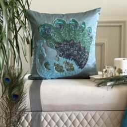 Art Silk Blue Beaded Birds Pattern 24x24/26x26 Traditional Peacock Euro Sham - Dancing - thumbnail 3