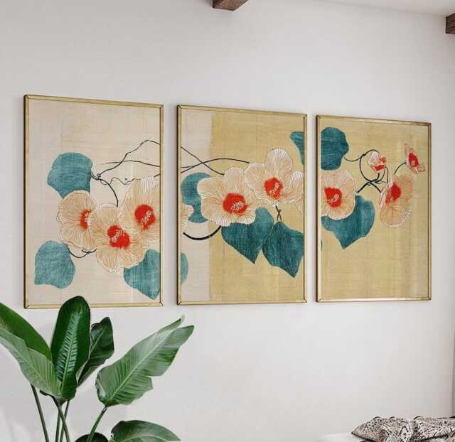 Vintage Botanical Floral Wall Art Blue Green - Asian Ink Flower Illustration Set Of 3 Posters - image 1