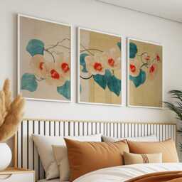 Vintage Botanical Floral Wall Art Blue Green - Asian Ink Flower Illustration Set Of 3 Posters - thumbnail 2