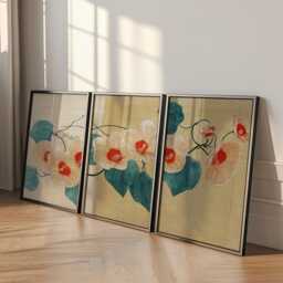 Vintage Botanical Floral Wall Art Blue Green - Asian Ink Flower Illustration Set Of 3 Posters - thumbnail 3