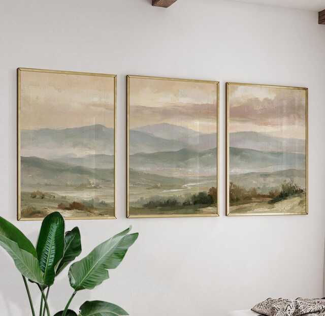 Mountain Landscape Trio, Neutral Countryside Wall Art Set - image 1