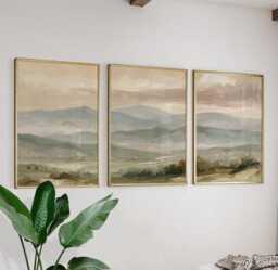 Mountain Landscape Trio, Neutral Countryside Wall Art Set - thumbnail 1