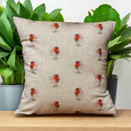Handmade Robin Print Cushion Coverred Brown Linen, 16 - thumbnail 1