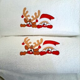Personalized Christmas Towel Embroidered Santa & Rudolph, Luxury Cotton - thumbnail 2