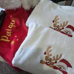 Personalized Christmas Towel Embroidered Santa & Rudolph, Luxury Cotton - thumbnail 3