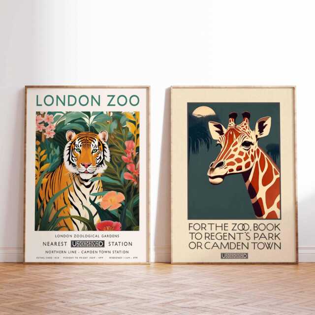 London Zoo Posters, Vintage Tiger & Giraffe Art Print, Set Of 2 - image 1