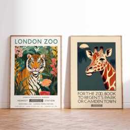London Zoo Posters, Vintage Tiger & Giraffe Art Print, Set Of 2 - thumbnail 1