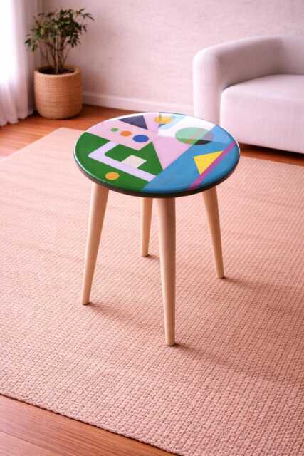 Abstract Resin Side Table, Colorful Epoxy Coffee Wooden Legs - image 1