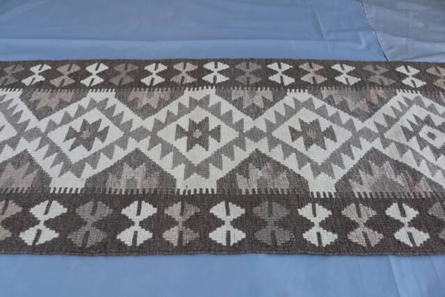 2x6 Ft Afghan Short Kilim Runner Rug, Flatweave Beige Gray Traditional Handmade Wool Natural Dyes Oriental Hallway Carpet - image 1