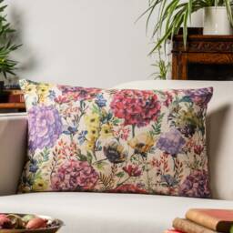Watercolour Meadow Linen Blend Xl Rectangular Cushion. Multicoloured Handpainted Style Floral Garden Design in Pink, Purple & Green. 23X15