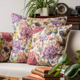 Watercolour Meadow Linen Blend Xl Rectangular Cushion. Multicoloured Handpainted Style Floral Garden Design in Pink, Purple & Green. 23X15 - thumbnail 3