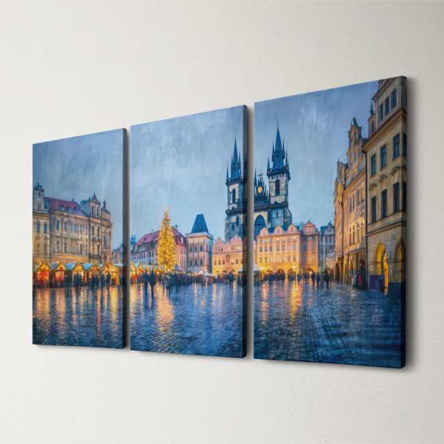 Prague Old Town 3 Panel Split Canvas Wall Art Christmas Market Lights Winter Czech Cityscape Oil Painting Framed Home Decor - image 1